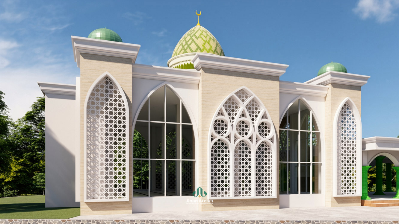 Eksterior masjid At-Taqwa menampilkan dome hijau, jendela-jendela arch geometric Islamic, fasad batu putih, pintu hijau, dan landscape natural - masterpiece arsitektur modern Islamic yang dirancang oleh Jinan Atelier