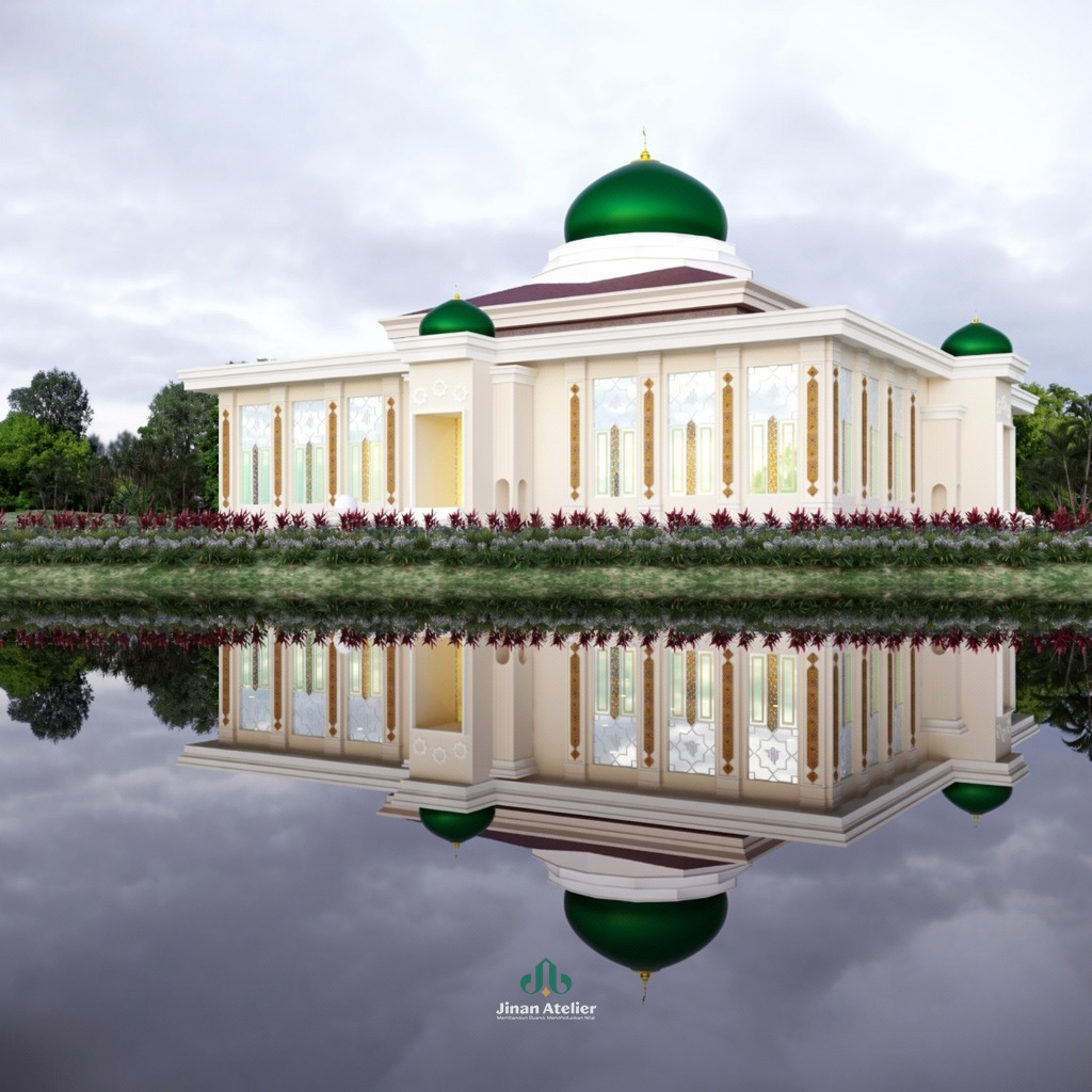 Desain rendering masjid Ponorogo modern dengan dua kubah hijau berlapis emas, fasad putih bersih, kolom-kolom megah, jendela geometris islami, dikelilingi tanaman hijau, dirancang oleh Jinan Atelier